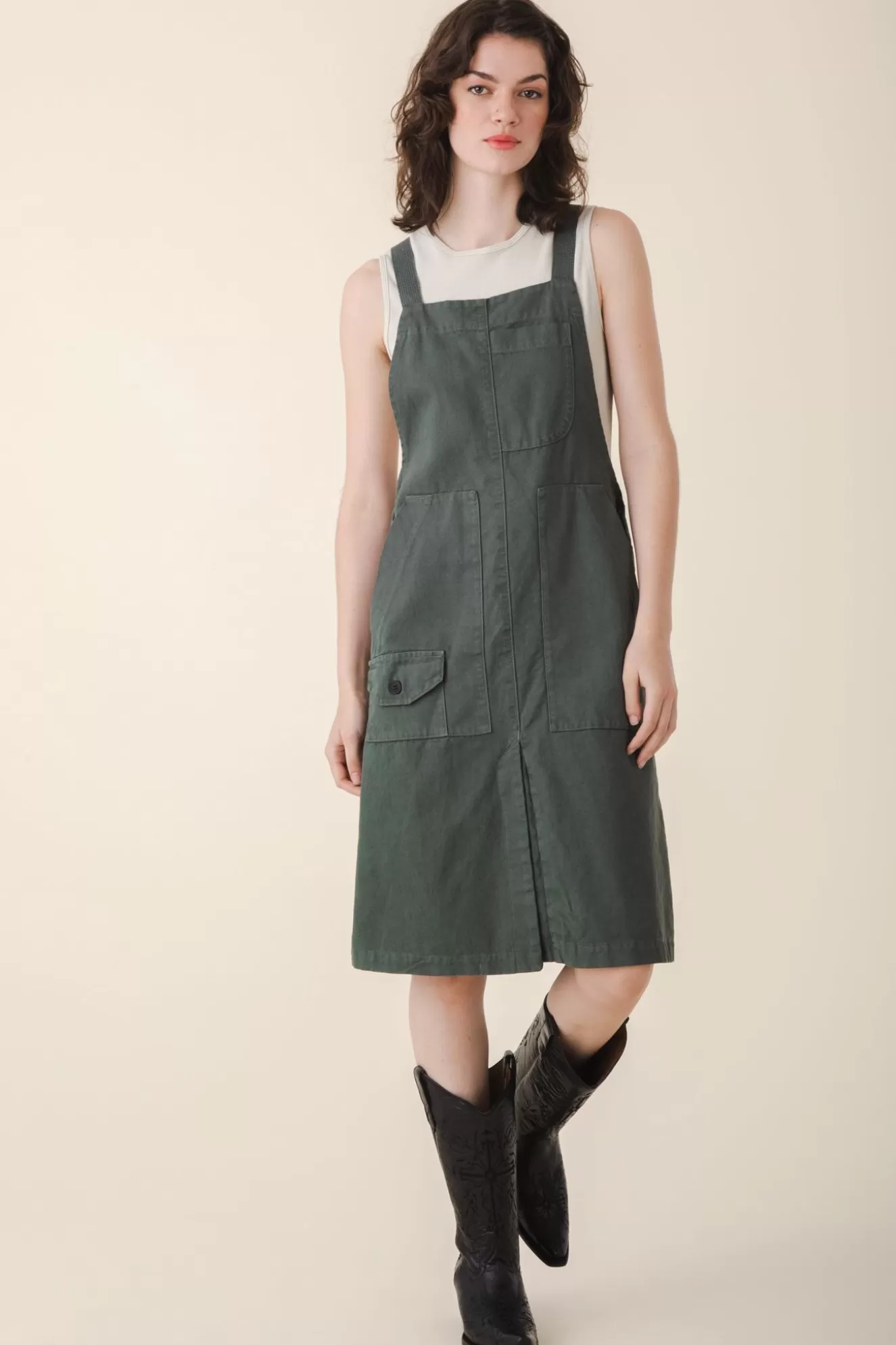 New Canvas Overall Dress In Cool Green Women Dresses