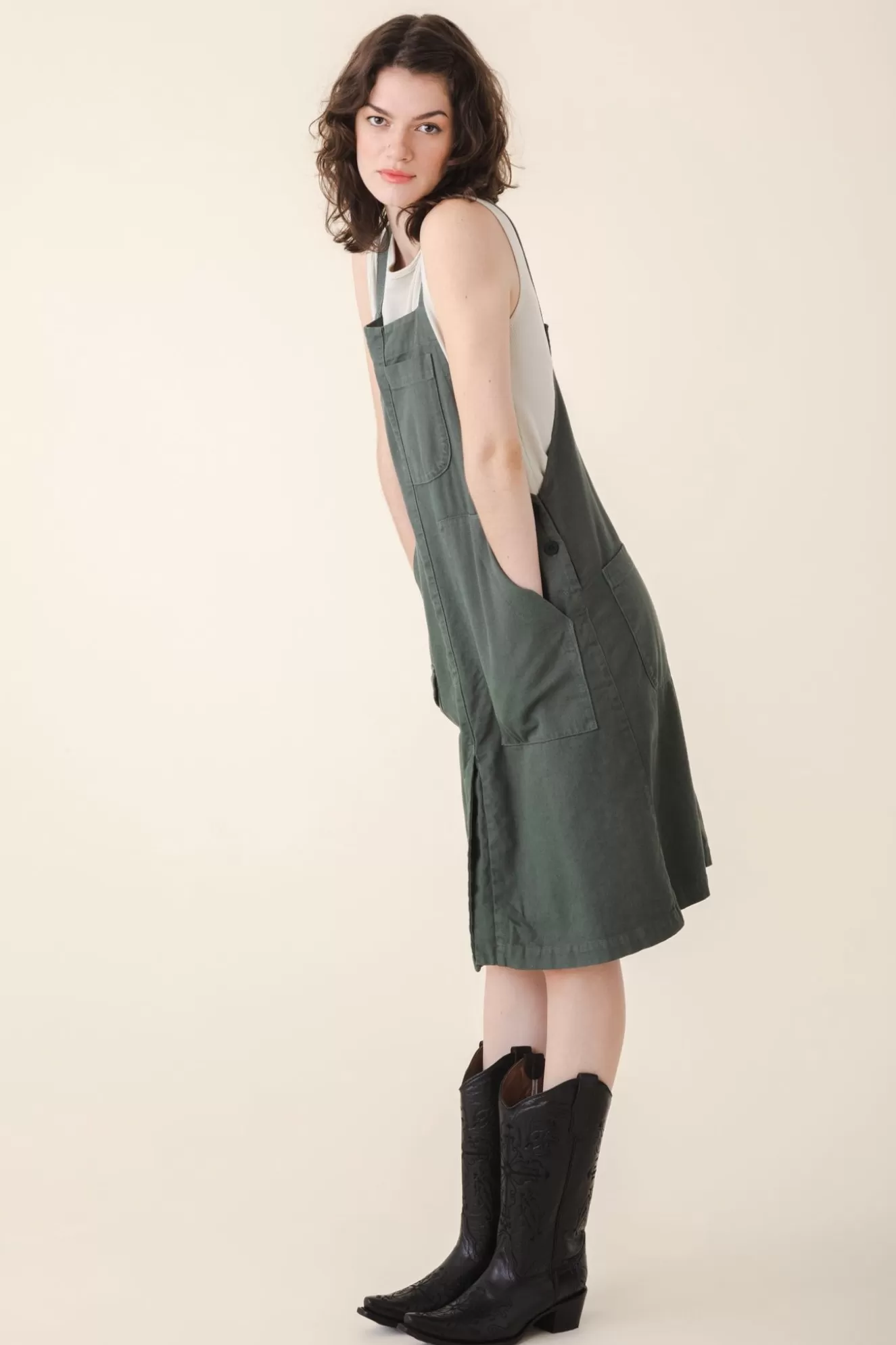 New Canvas Overall Dress In Cool Green Women Dresses