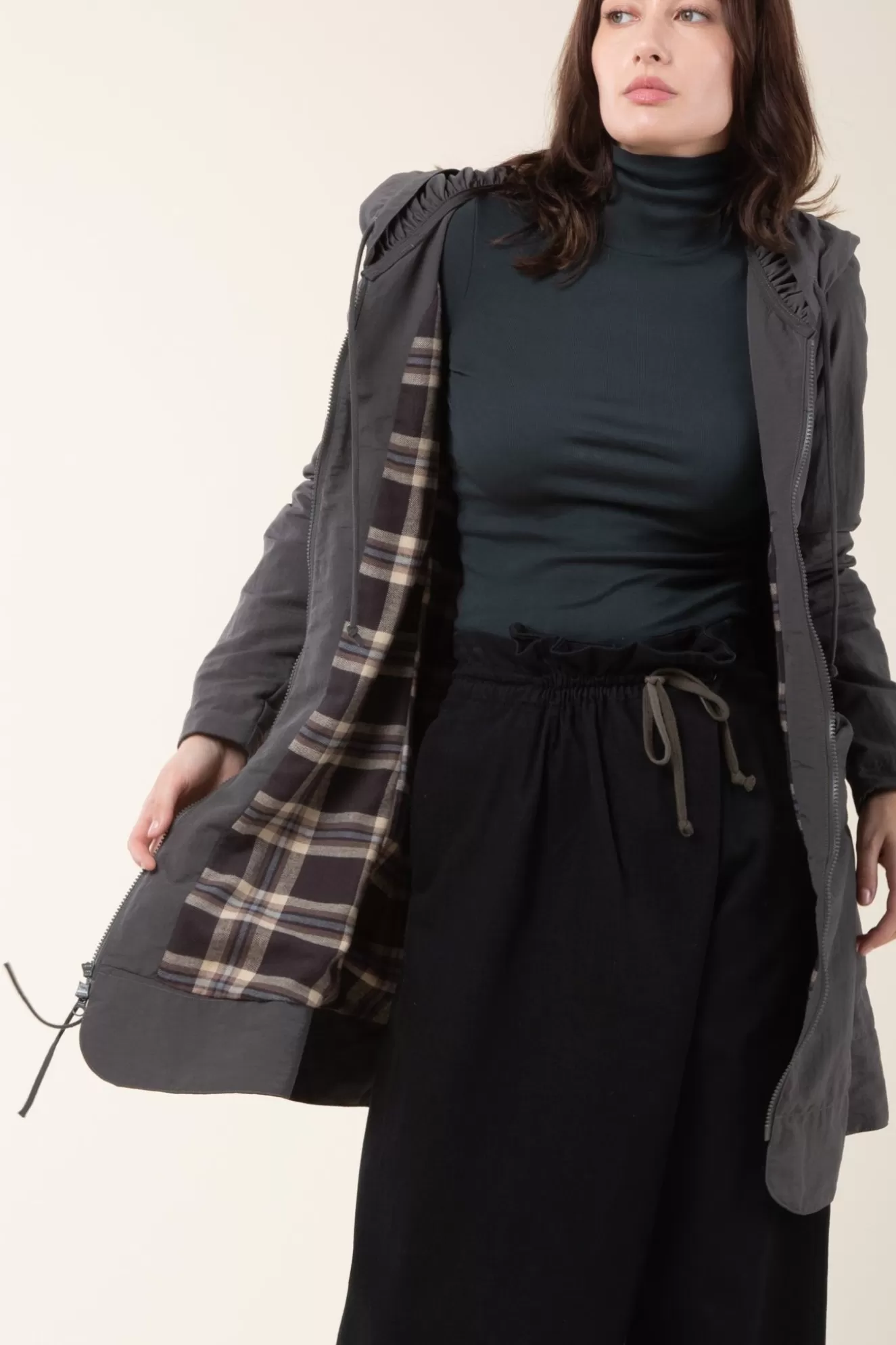 Sale Long Raincloak In Charcoal With Brown Plaid Women Outerwear