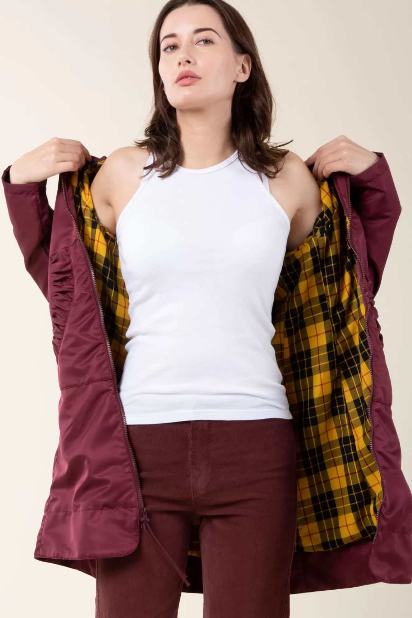 Cheap Long Raincloak In Maroon With Yellow Plaid Women Outerwear