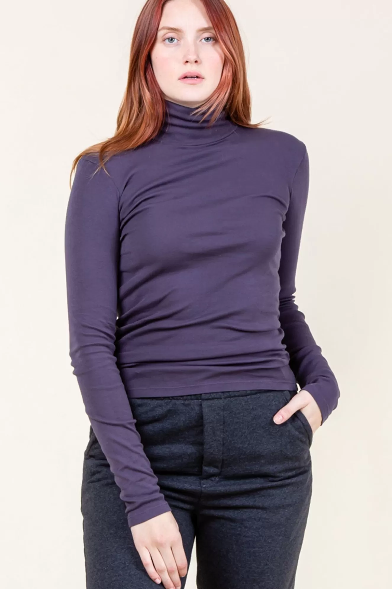 Fashion Rib Turtleneck In Bruise Women Tops